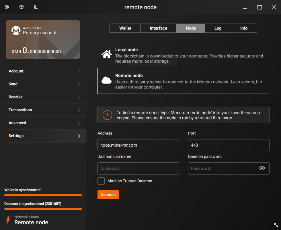 Screenshot of Monero GUI